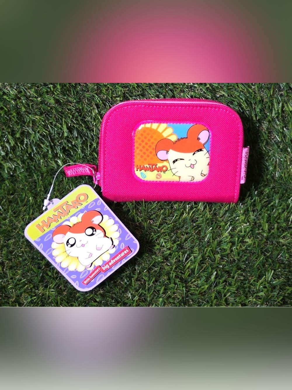 pink vintage Hamtaro zip coin purse and tag from the early 2000s anime series.